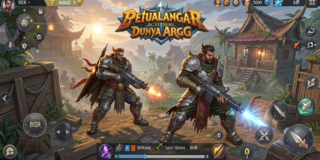 Screenshot gameplay 8QR menampilkan pertarungan melawan monster di dunia fantasi.