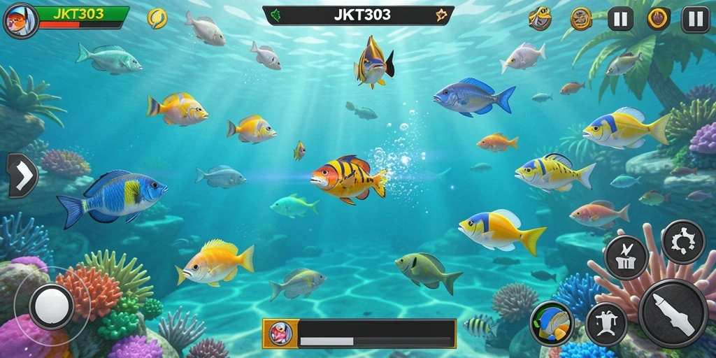 Screenshot gameplay JKT303 menampilkan aksi seru menangkap ikan.