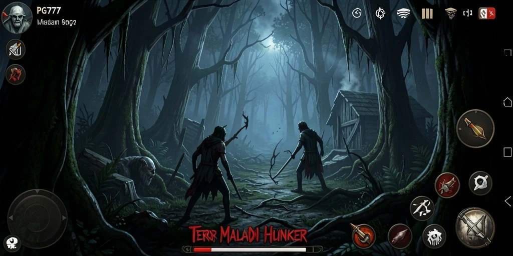 Tampilan gameplay PG777 dengan suasana menyeramkan dan mencekam.
