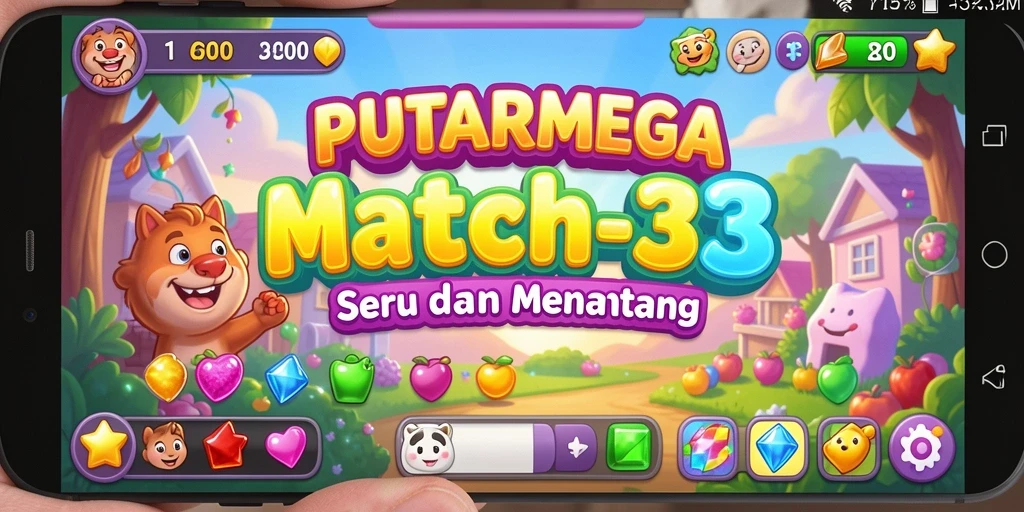 Tangkapan layar gameplay PUTARMEGA yang menampilkan suasana Match-3 penuh warna.