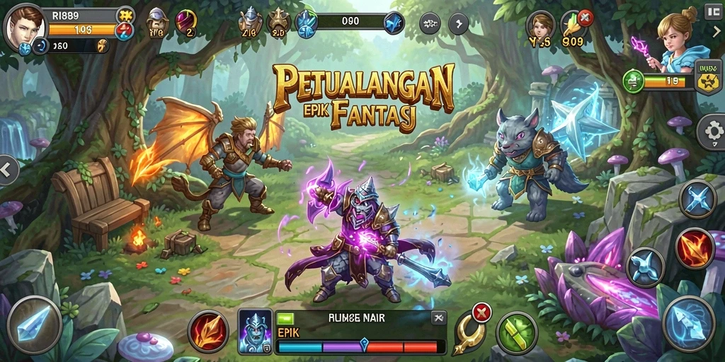 Tangkapan layar gameplay menampilkan karakter menjelajahi dunia fantasi RI889.