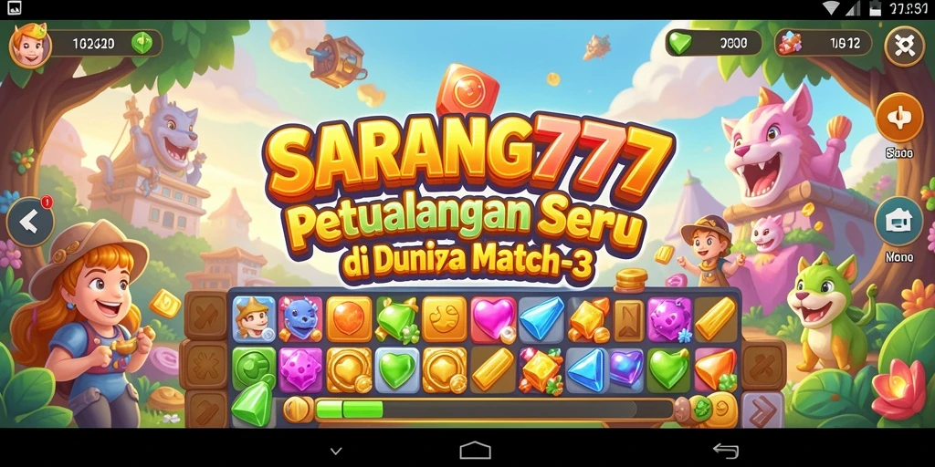 Tangkapan layar gameplay SARANG777 menunjukkan aksi Match-3 yang seru dan penuh warna.