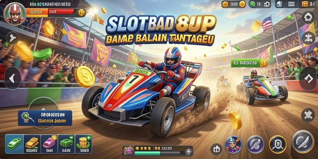 Gameplay mengasyikkan SLOT88JP dengan tampilan mobil balap di trek.
