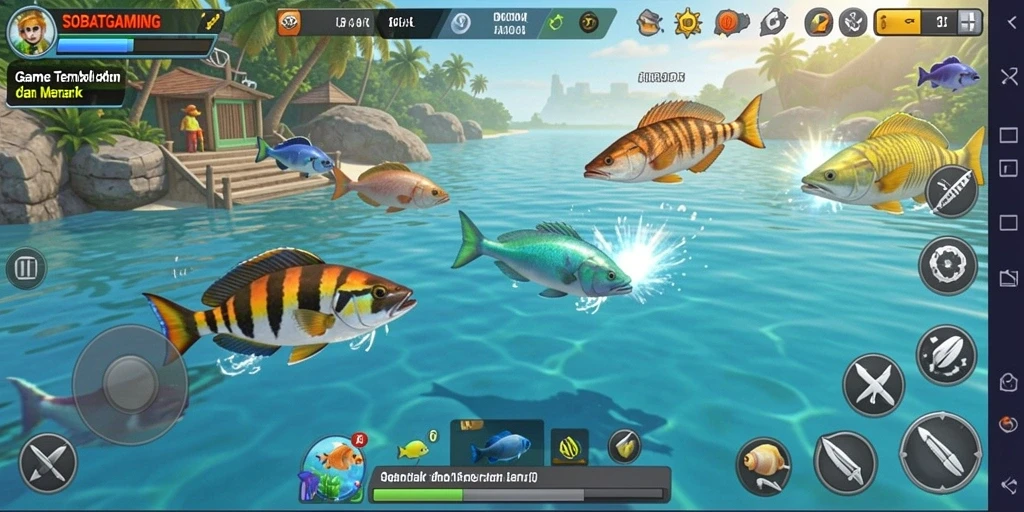 Tampilan gameplay SOBATGAMING dengan ikan yang beragam dan aksi menembak yang seru.