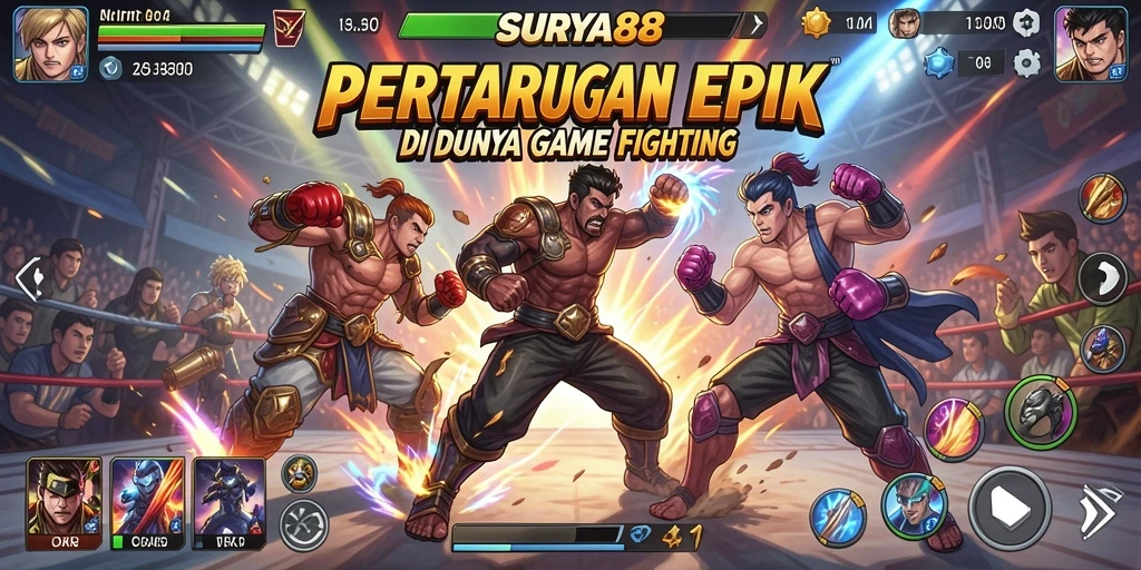 Screenshot utama SURYA88 menampilkan pertarungan seru antar karakter.