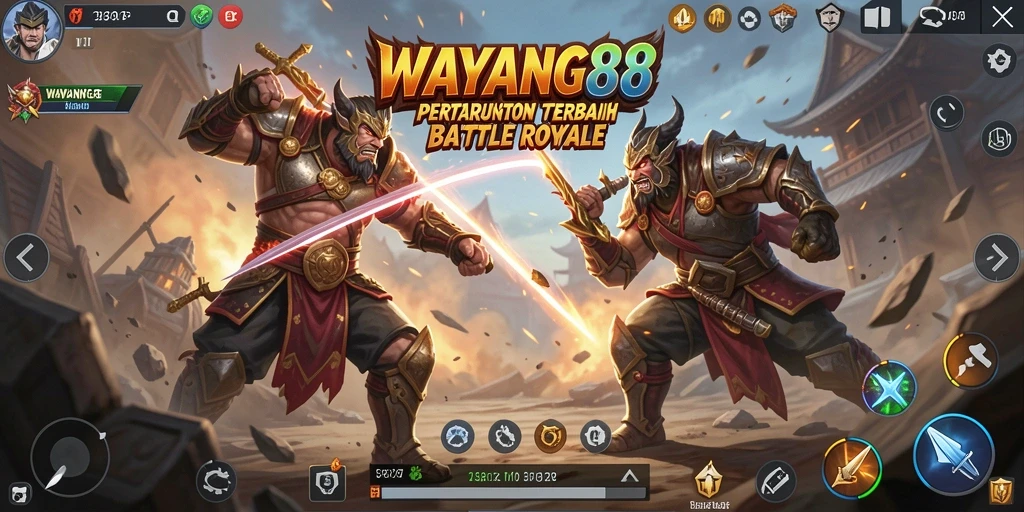 Screenshot utama yang menunjukkan aksi pertempuran seru dalam WAYANG88.